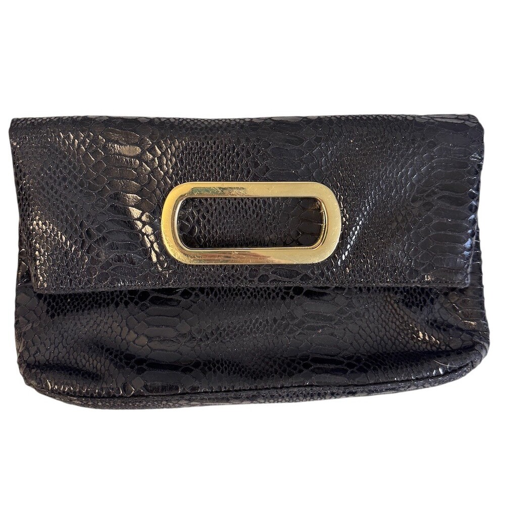 Banana Republic Womens Black Faux Snakeskin Clutch Gold Cutout Handle